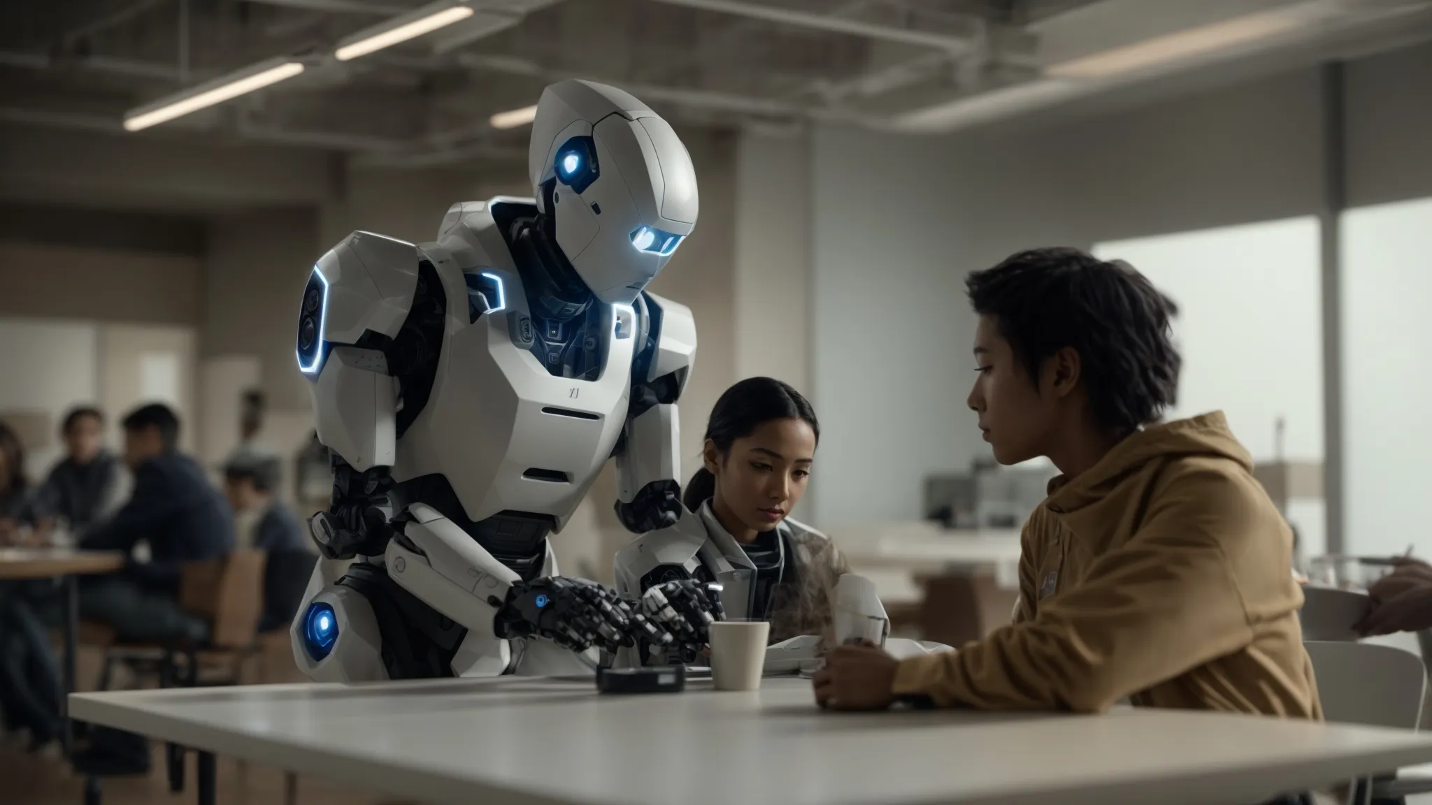 two humanoid robots and two individuals are sitting at a table, engaged in a collaborative project, highlighting the synergy between people ai and altify.