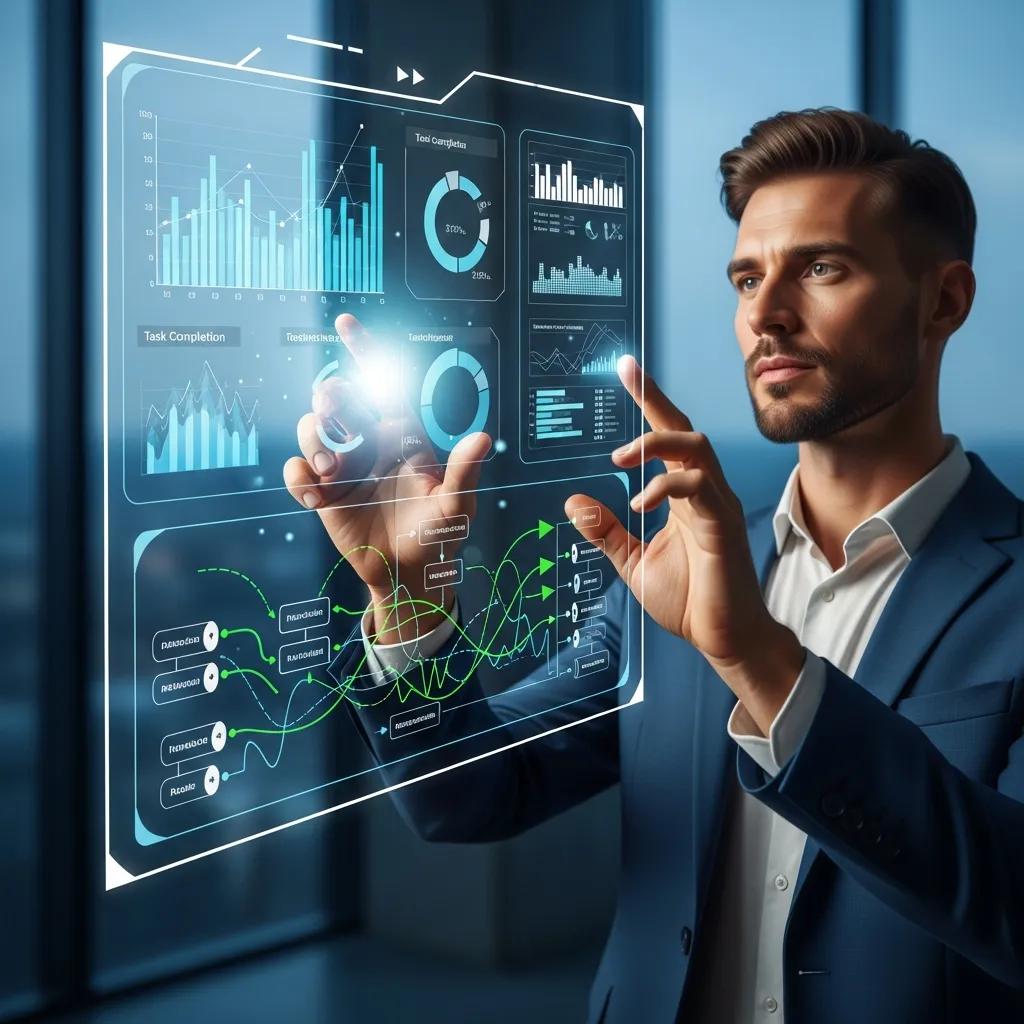 Business professional using a digital dashboard for workflow automation