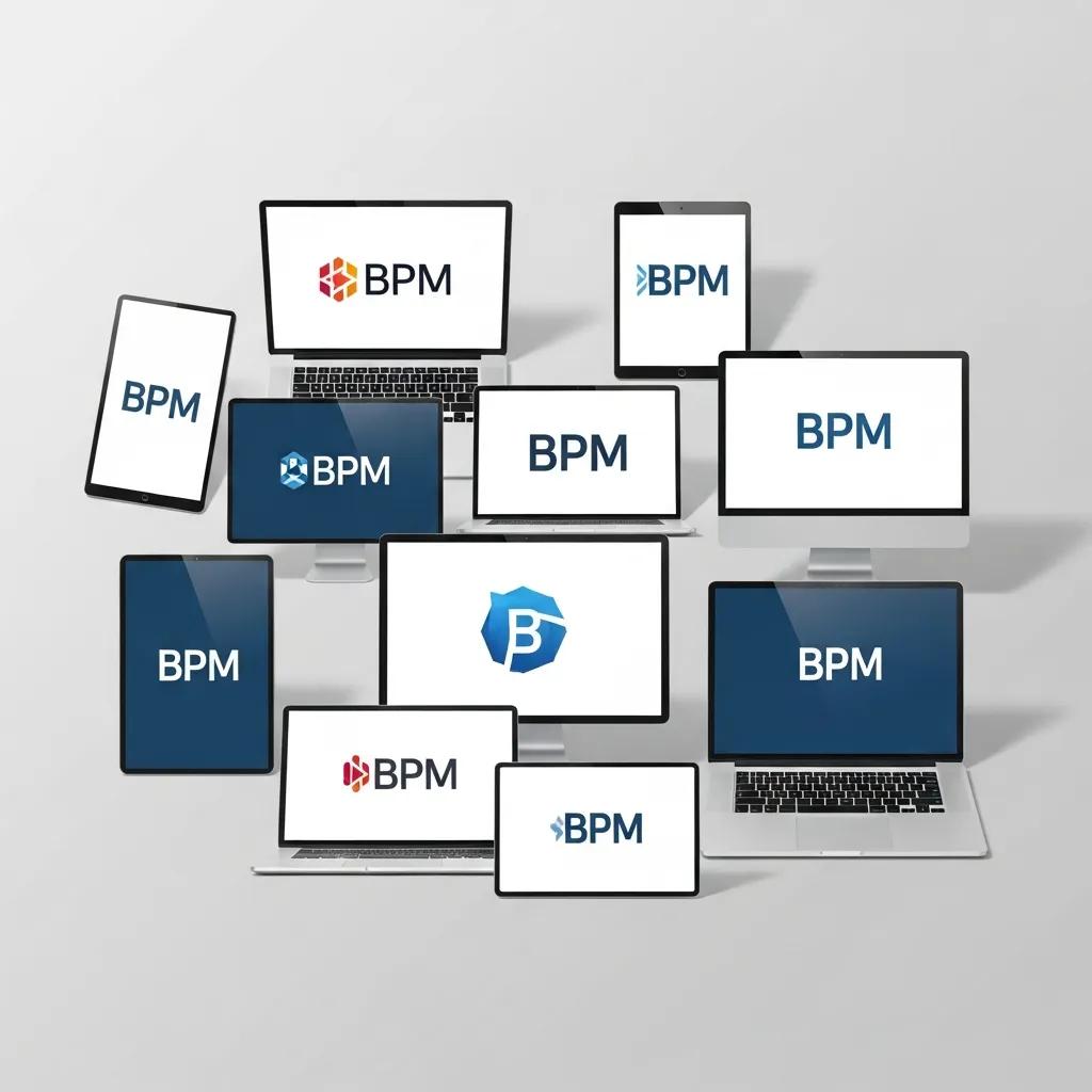 Flat lay of various BPM software tools on digital devices