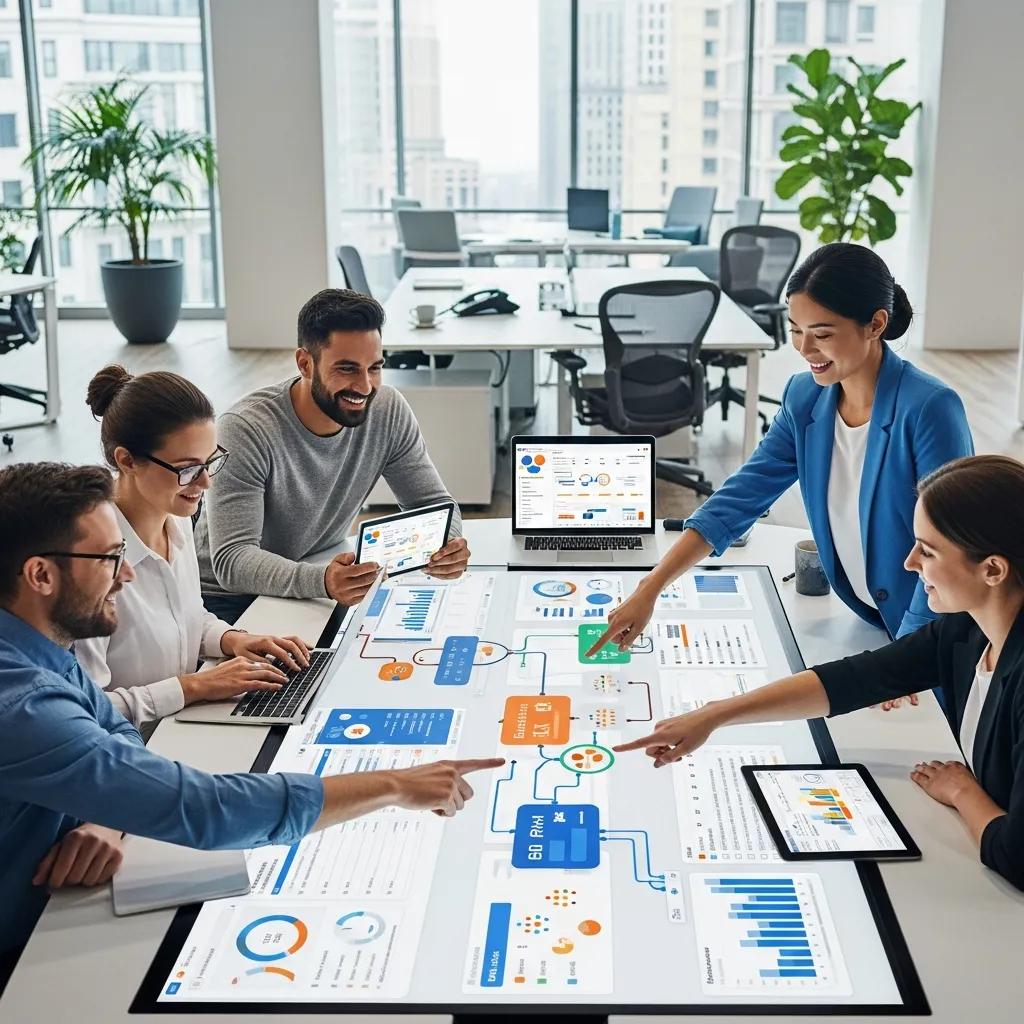 Professionals collaborating in a modern office using business process management software